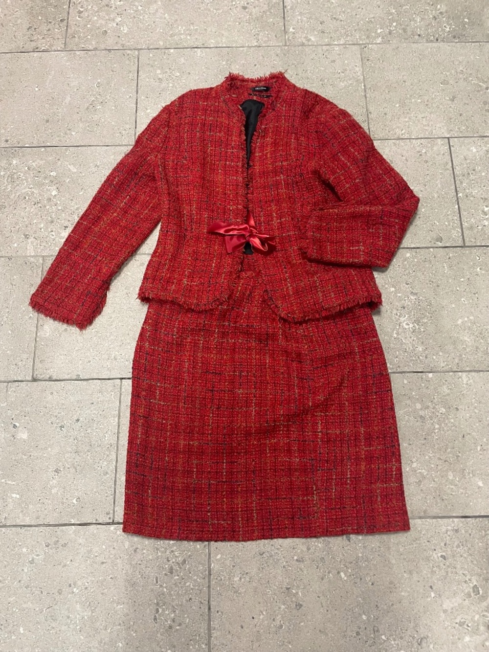 Nicole Miller Red Tweed Skirt Suit Jacket Set